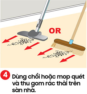 Dùng chổi hoặc móp quét và thu gom rác trên sàn nhà theo một hướng