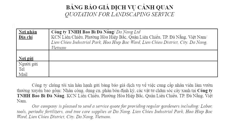 Mẫu báo giá dịch vụ chăm sóc cảnh quan